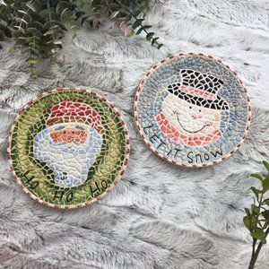 Mosaic Style Santa / Snowman Candle Plates Dish Christmas Holidays Home Decor